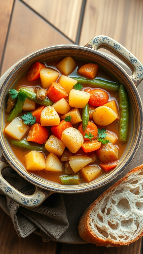 Hearty Potato Vegetable Stew Recipe A bowl of potato vegetable stew with carrots and green beans, garnished with parsley, on a wooden table with bread.